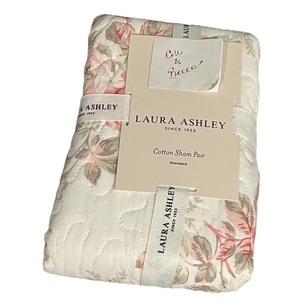 Laura Ashley Linley Stripe Pink Cotton Sham Pair Standard Floral Pillow Shams